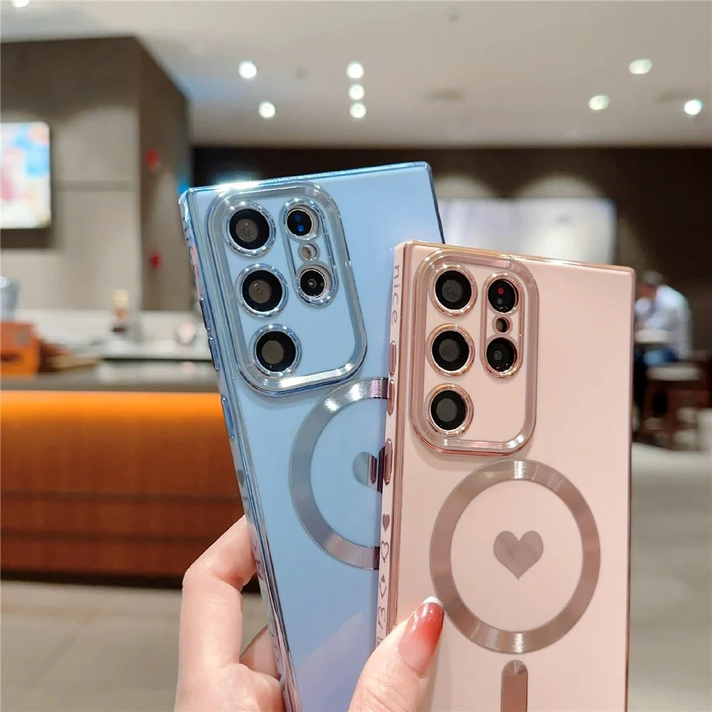 For Samsung Galaxy S23 Ultra 6D Electroplating Love Heart Phone Case TPU Cover Magnetic Case - Pink - 4