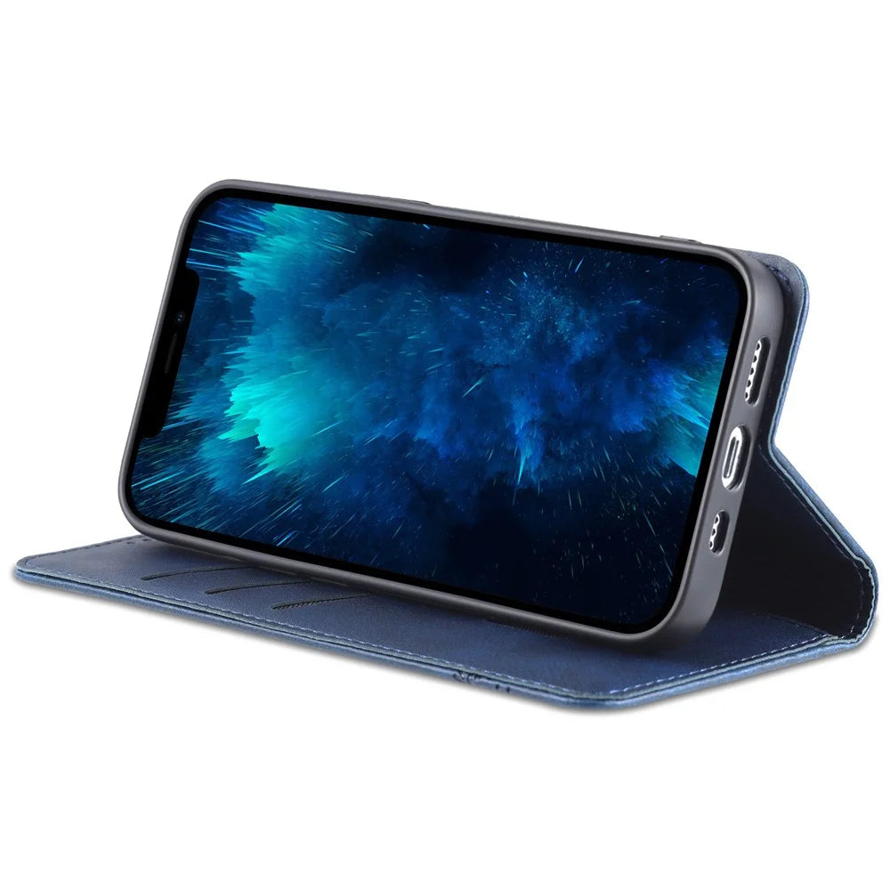 AZNS For iPhone 15 Pro Max PU Leather Wallet Phone Cover Stand Protective Case - Blue - 3