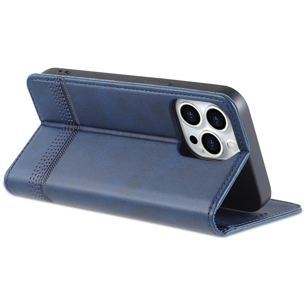 AZNS For iPhone 15 Pro Max PU Leather Wallet Phone Cover Stand Protective Case - Blue - 4