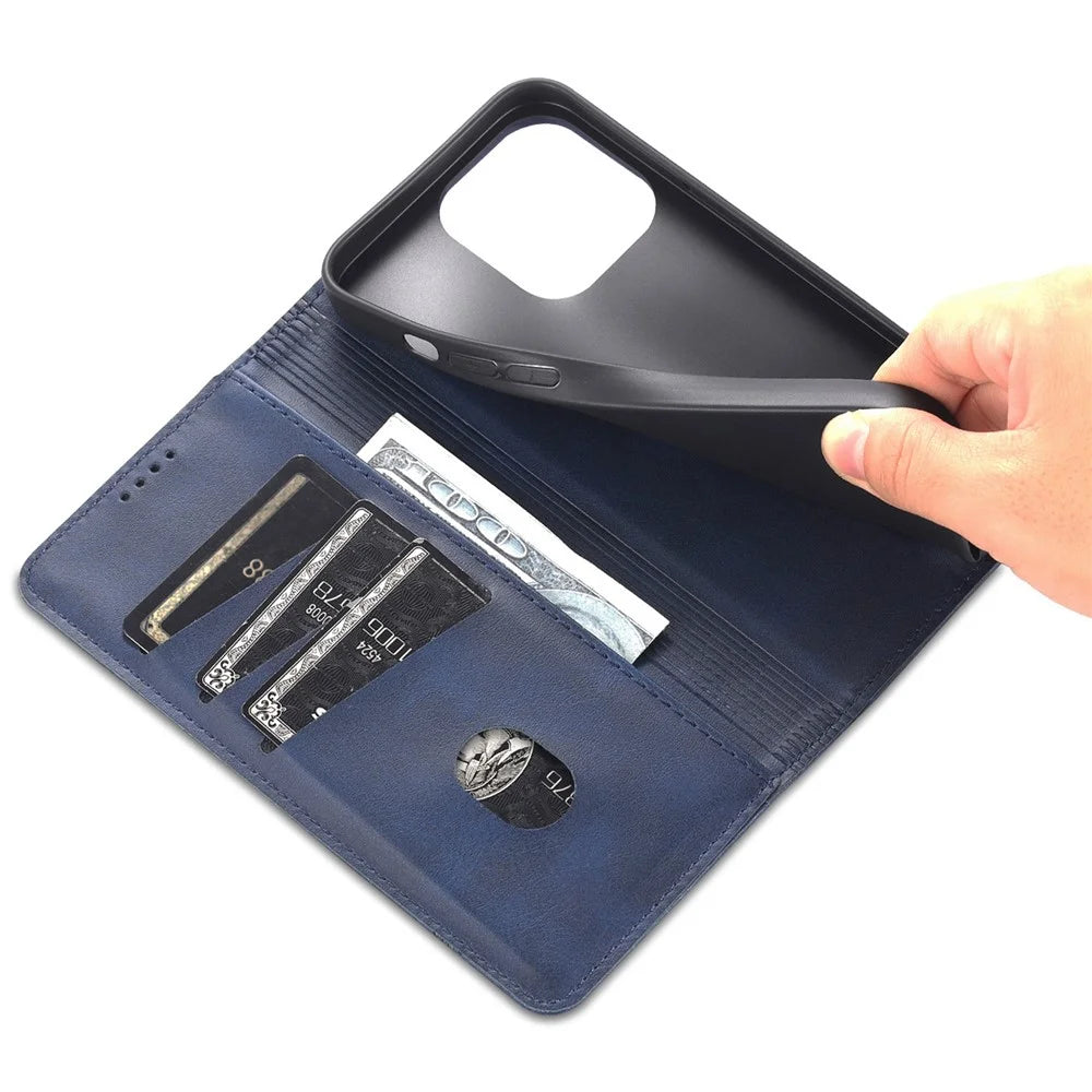 AZNS For iPhone 15 Pro Max PU Leather Wallet Phone Cover Stand Protective Case - Blue - 5