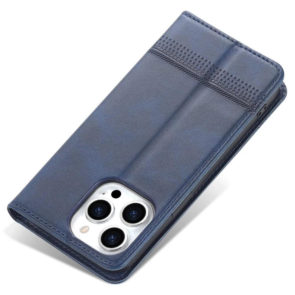 AZNS PU Leather + TPU Phone Case for iPhone 15 , Wallet Stand Anti-drop Cover - Blue - 7