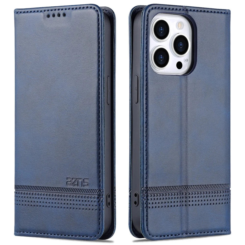 AZNS For iPhone 15 Pro PU Leather Wallet Case Full Protection Phone Cover with Stand - Blue - 1