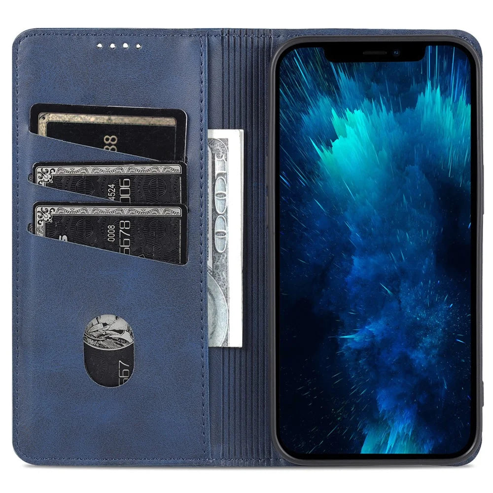 AZNS For iPhone 15 Pro PU Leather Wallet Case Full Protection Phone Cover with Stand - Blue - 2
