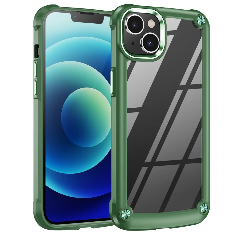 For iPhone 15 Drop-Proof Phone Case Alloy Lens Frame PC+TPU Hybrid Back Cover - Green - 1