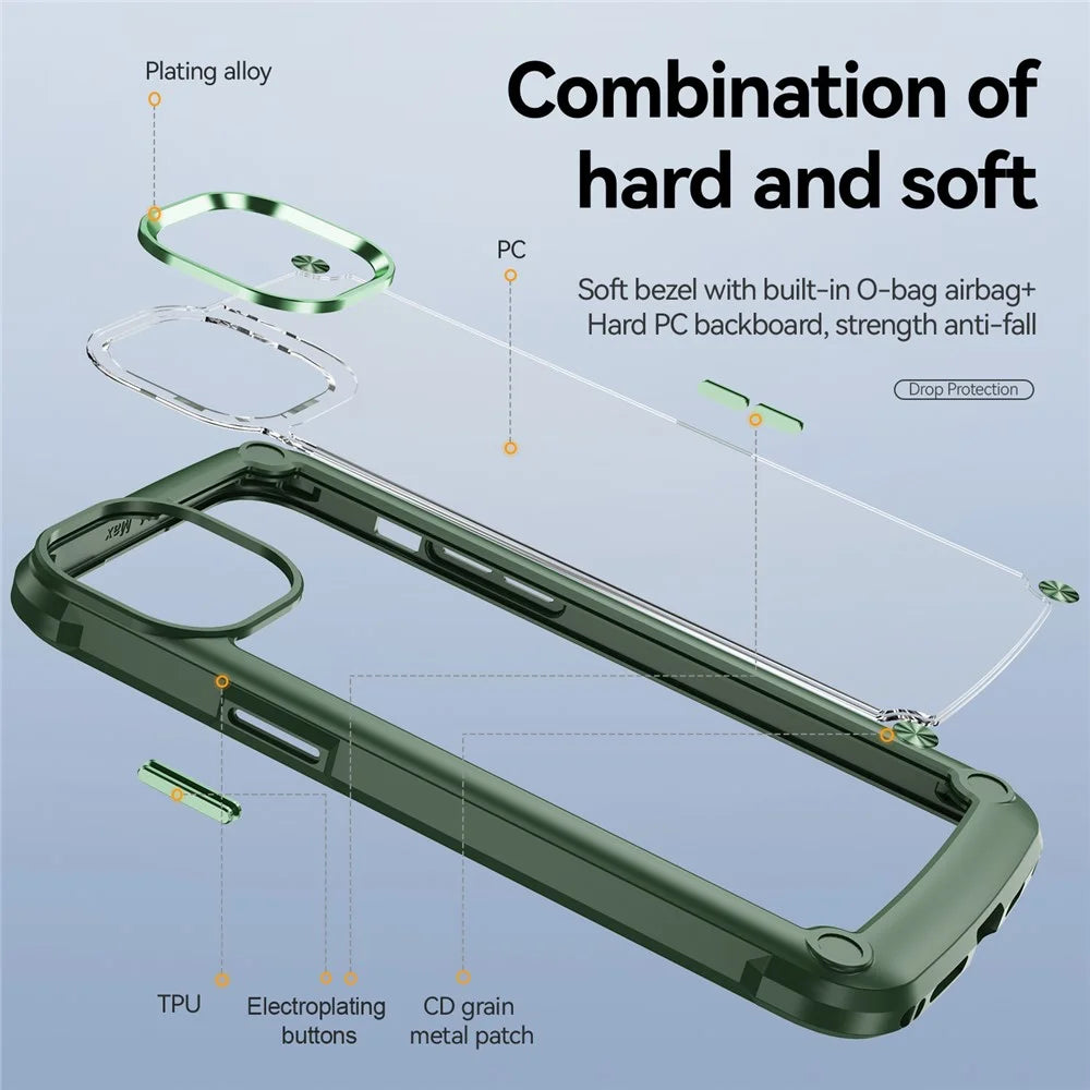 For iPhone 15 Drop-Proof Phone Case Alloy Lens Frame PC+TPU Hybrid Back Cover - Green - 3