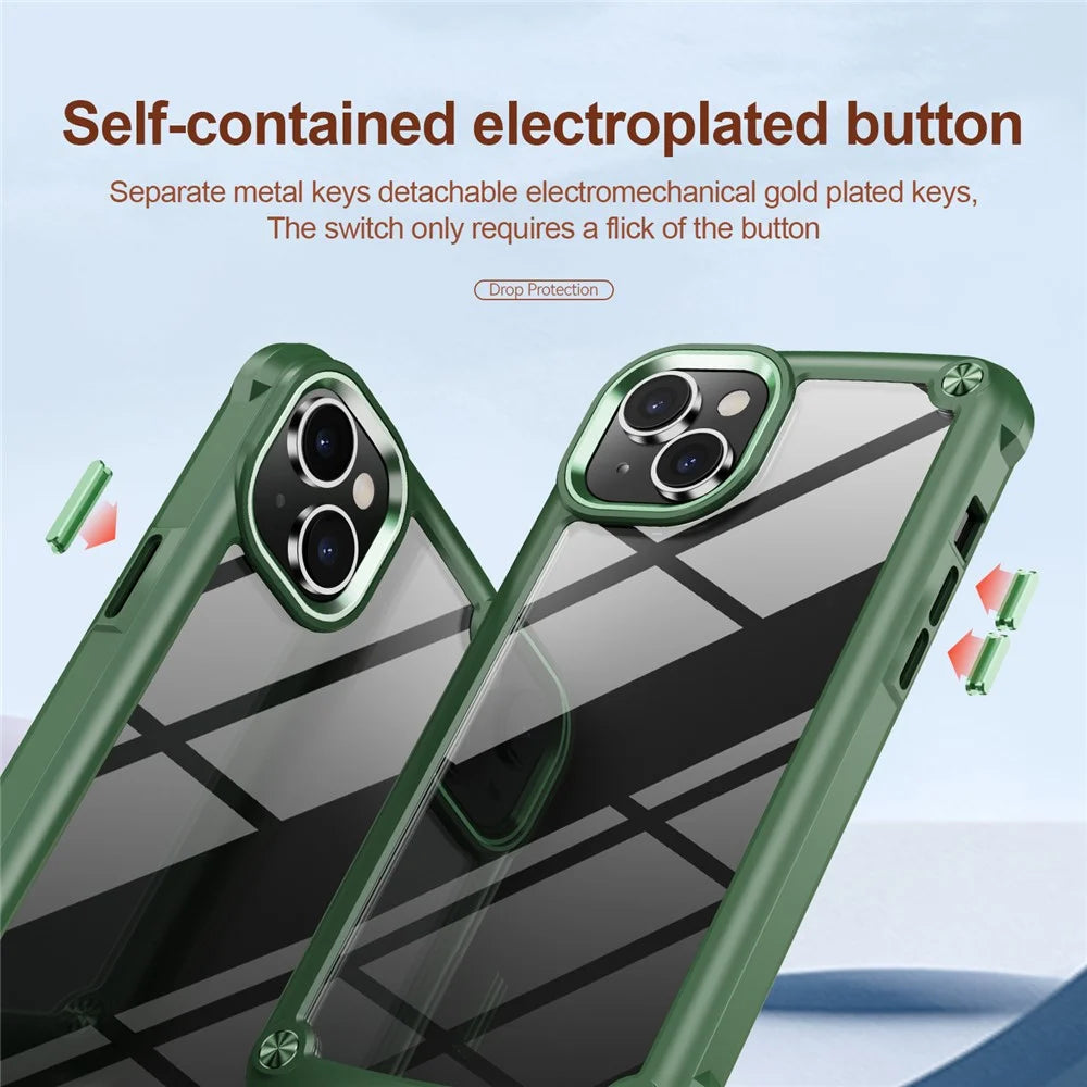 For iPhone 15 Drop-Proof Phone Case Alloy Lens Frame PC+TPU Hybrid Back Cover - Green - 4