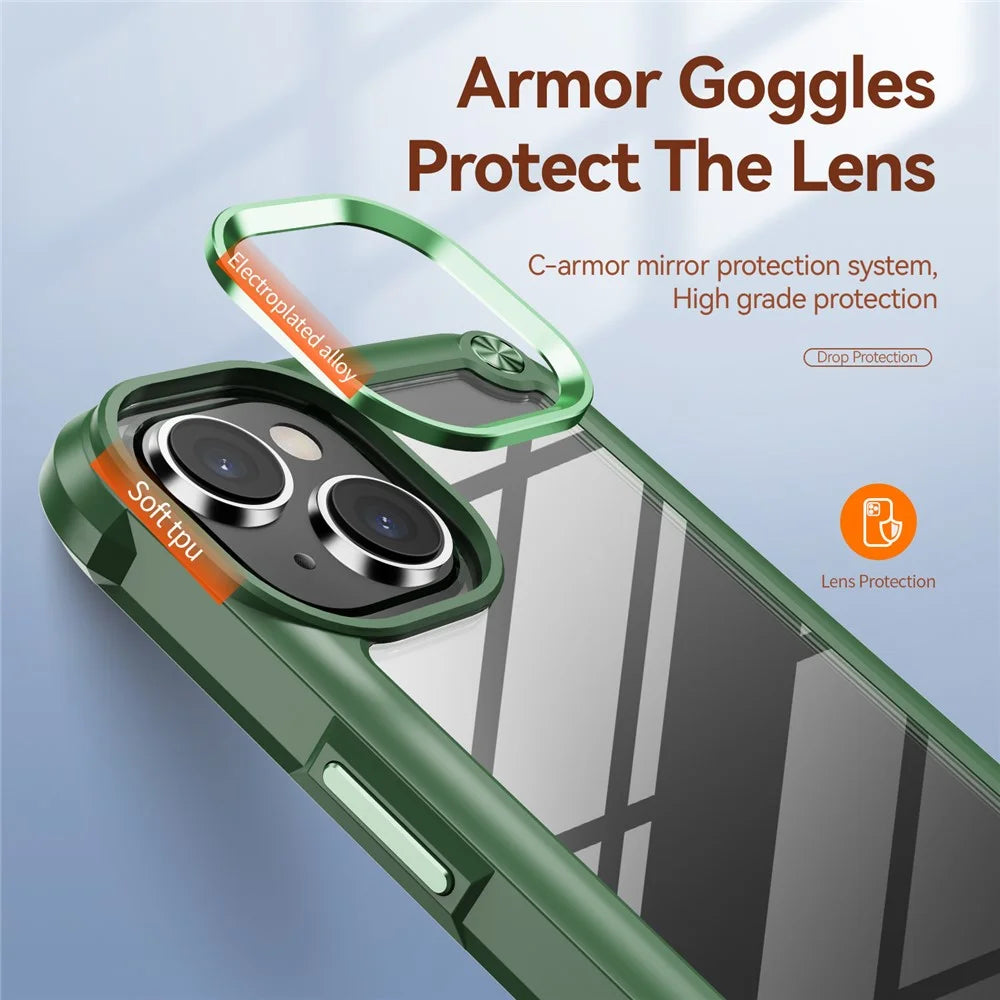 For iPhone 15 Drop-Proof Phone Case Alloy Lens Frame PC+TPU Hybrid Back Cover - Green - 6