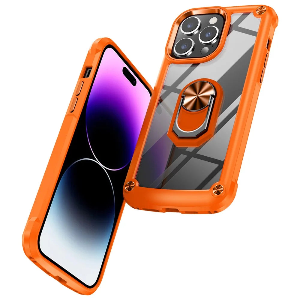 For iPhone 15 Pro Protective Kickstand Case Alloy Lens Frame PC + TPU Phone Cover - Orange - 2