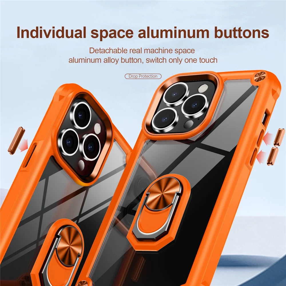 For iPhone 15 Pro Protective Kickstand Case Alloy Lens Frame PC + TPU Phone Cover - Orange - 6