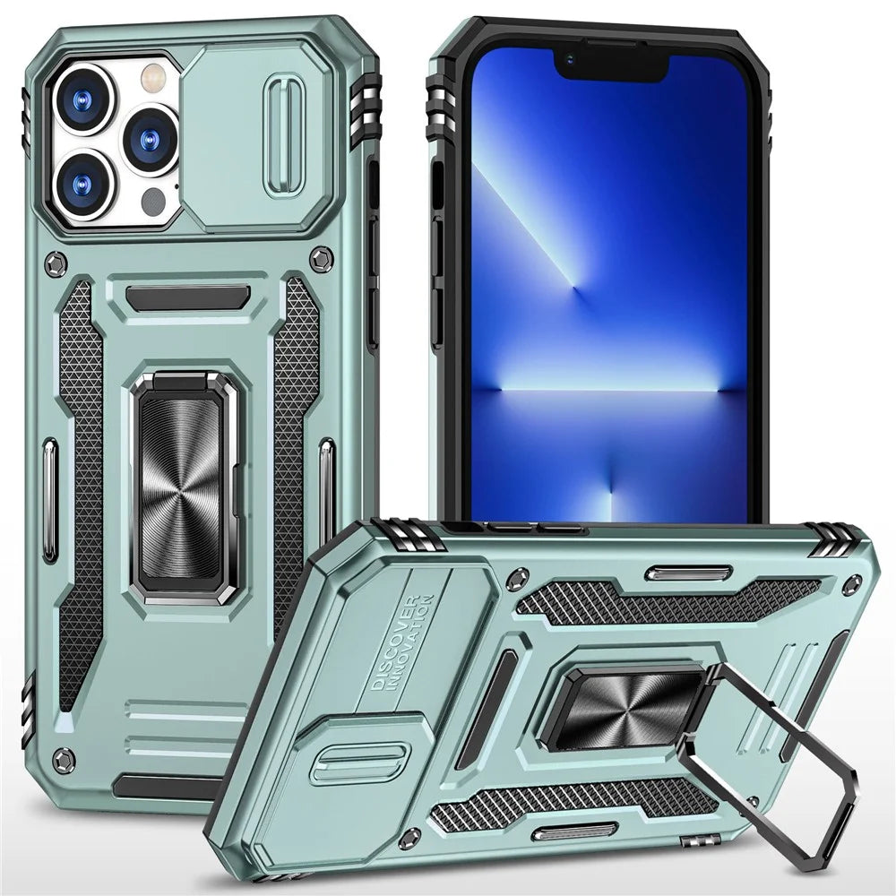 Armor Series For iPhone 15 Pro Slide Camera Lid Phone Case Metal Kickstand PC+TPU Cover - Green - 1