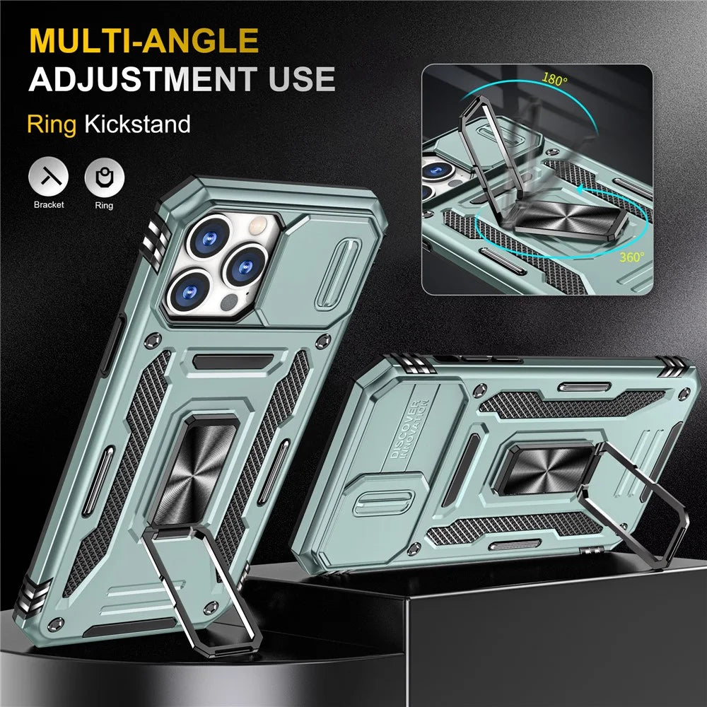 Armor Series For iPhone 15 Pro Slide Camera Lid Phone Case Metal Kickstand PC+TPU Cover - Green - 4