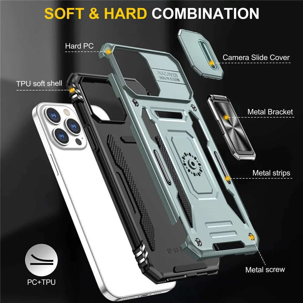 Armor Series For iPhone 15 Pro Slide Camera Lid Phone Case Metal Kickstand PC+TPU Cover - Green - 7