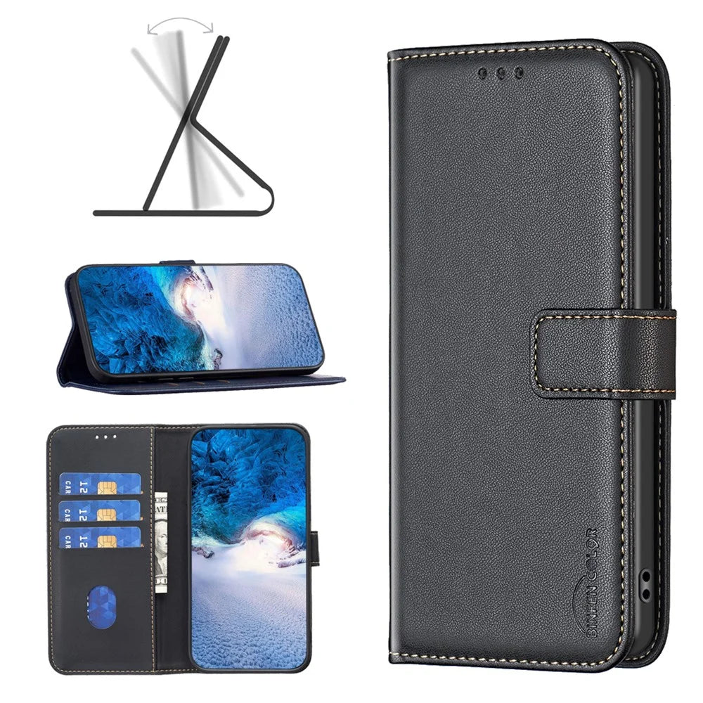 BINFEN COLOR BF17 For Samsung Galaxy S23 FE Phone Cover Drop-proof PU Leather Stand Wallet Case - Black - 4