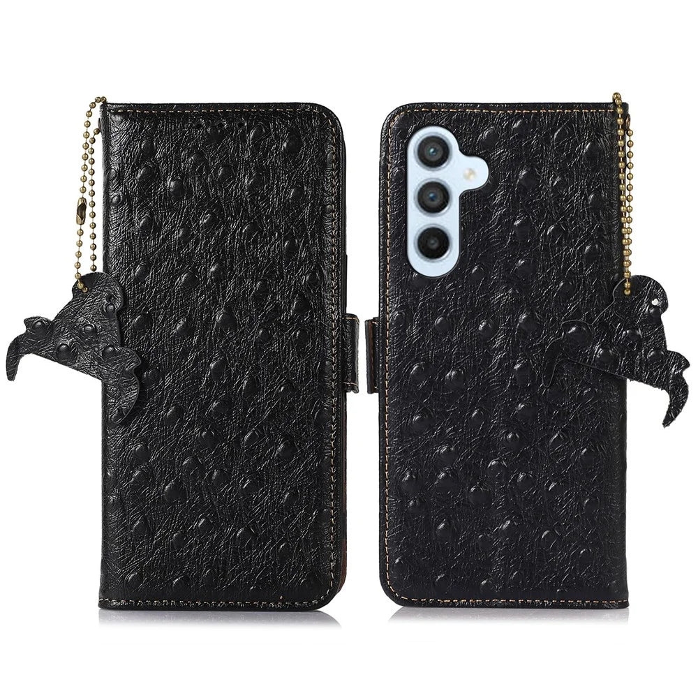 RFID Blocking Shell for Samsung Galaxy S23 FE Genuine Cowhide Leather Phone Cover Wallet Stand Case - Black - 1