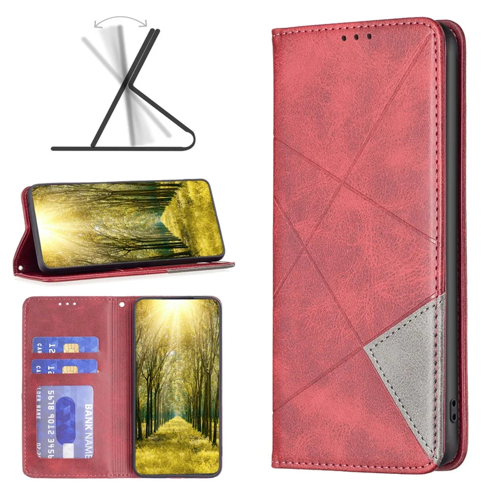 For Samsung Galaxy S23 FE Imprinted Line Cell Phone Case Card Holder Leather Stand Cover - Red - 5