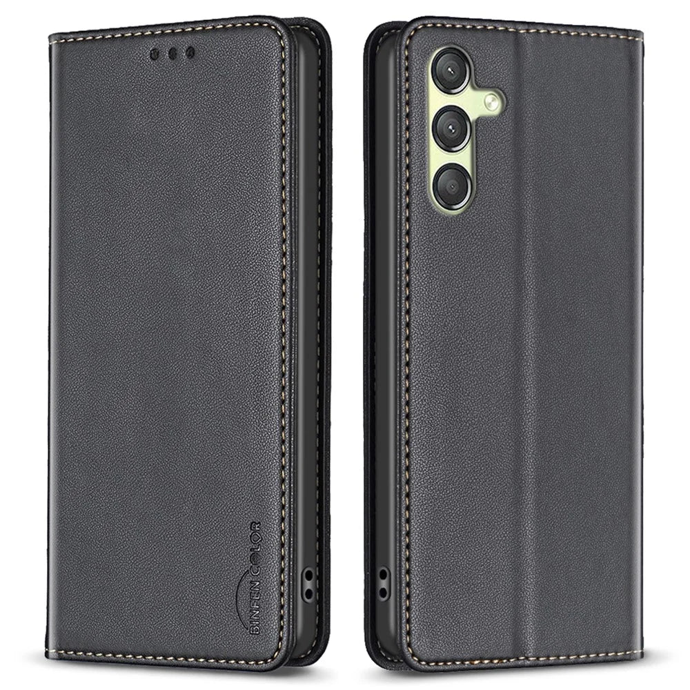 BINFEN COLOR BF18 Phone Cover for Samsung Galaxy A25 5G (Global) (161.0 x 76.5 x 8.3mm) Card Holder PU Leather Phone Stand Case - Black - 1