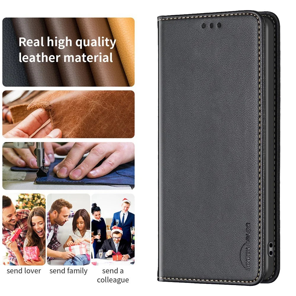 BINFEN COLOR BF18 Phone Cover for Samsung Galaxy A25 5G (Global) (161.0 x 76.5 x 8.3mm) Card Holder PU Leather Phone Stand Case - Black - 5