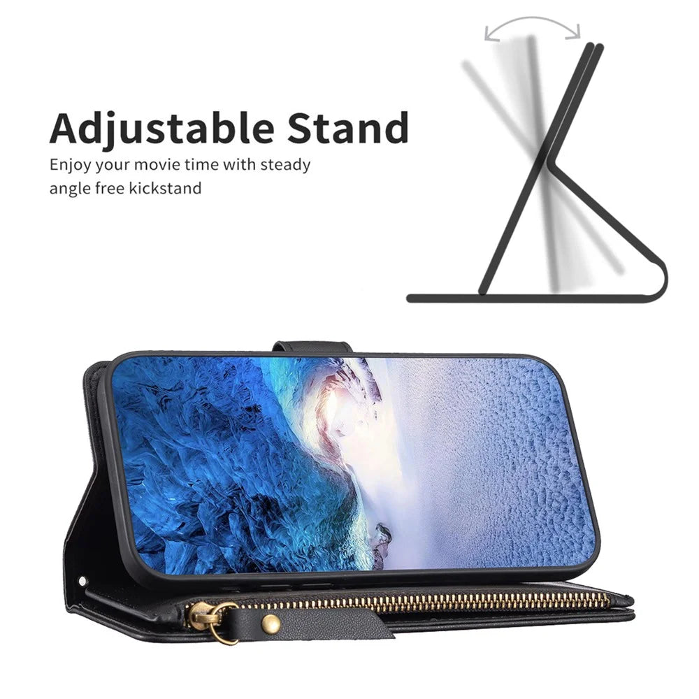BF Style-19 For Samsung Galaxy A25 5G (Global) (161.0 x 76.5 x 8.3mm) Wallet Stand Flip Cover Zipper Pocket PU Leather Phone Case - Black - 3