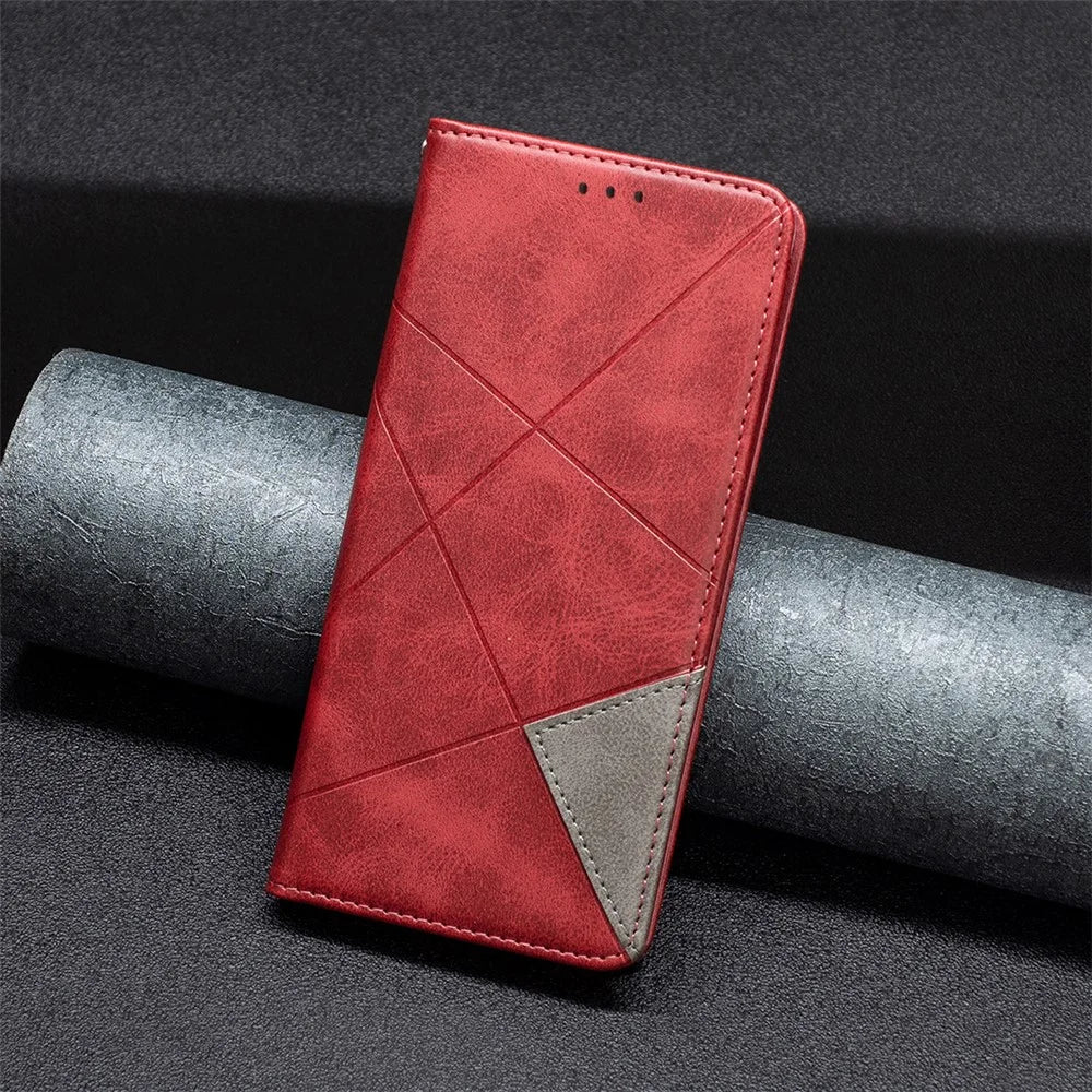 For Samsung Galaxy A25 5G (Global) (161.0 x 76.5 x 8.3mm) Card Holder Mobile Case Imprinted Line Leather Stand Phone Cover - Red - 7