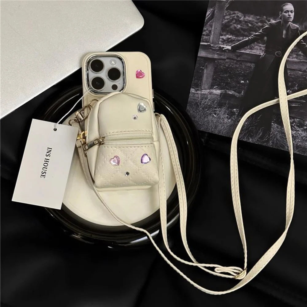 For iPhone 12 / 12 Pro 6.1 inch TPU Phone Case PU Leather Schoolbag Design Back Cover with Shoulder Strap - White - 1
