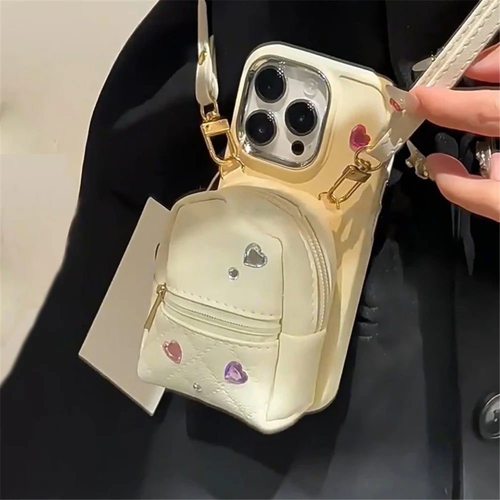 For iPhone 12 / 12 Pro 6.1 inch TPU Phone Case PU Leather Schoolbag Design Back Cover with Shoulder Strap - White - 4