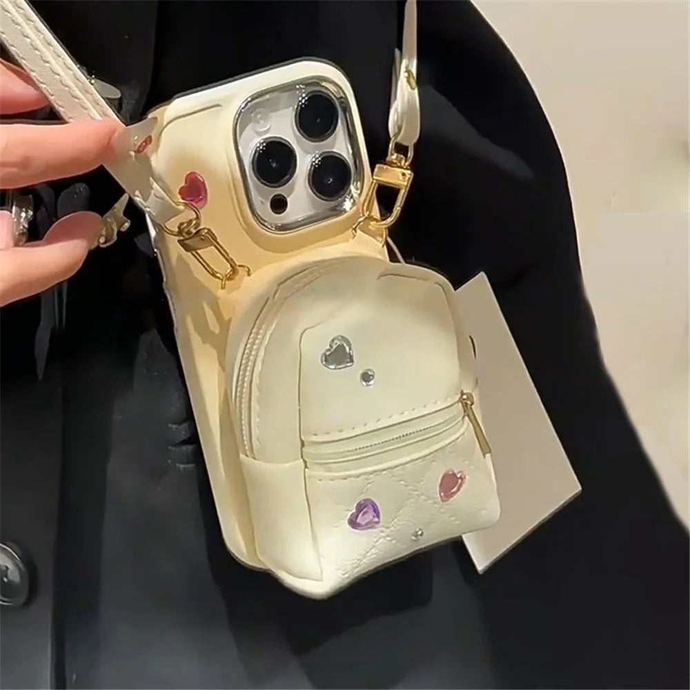 For iPhone 12 / 12 Pro 6.1 inch TPU Phone Case PU Leather Schoolbag Design Back Cover with Shoulder Strap - White - 5