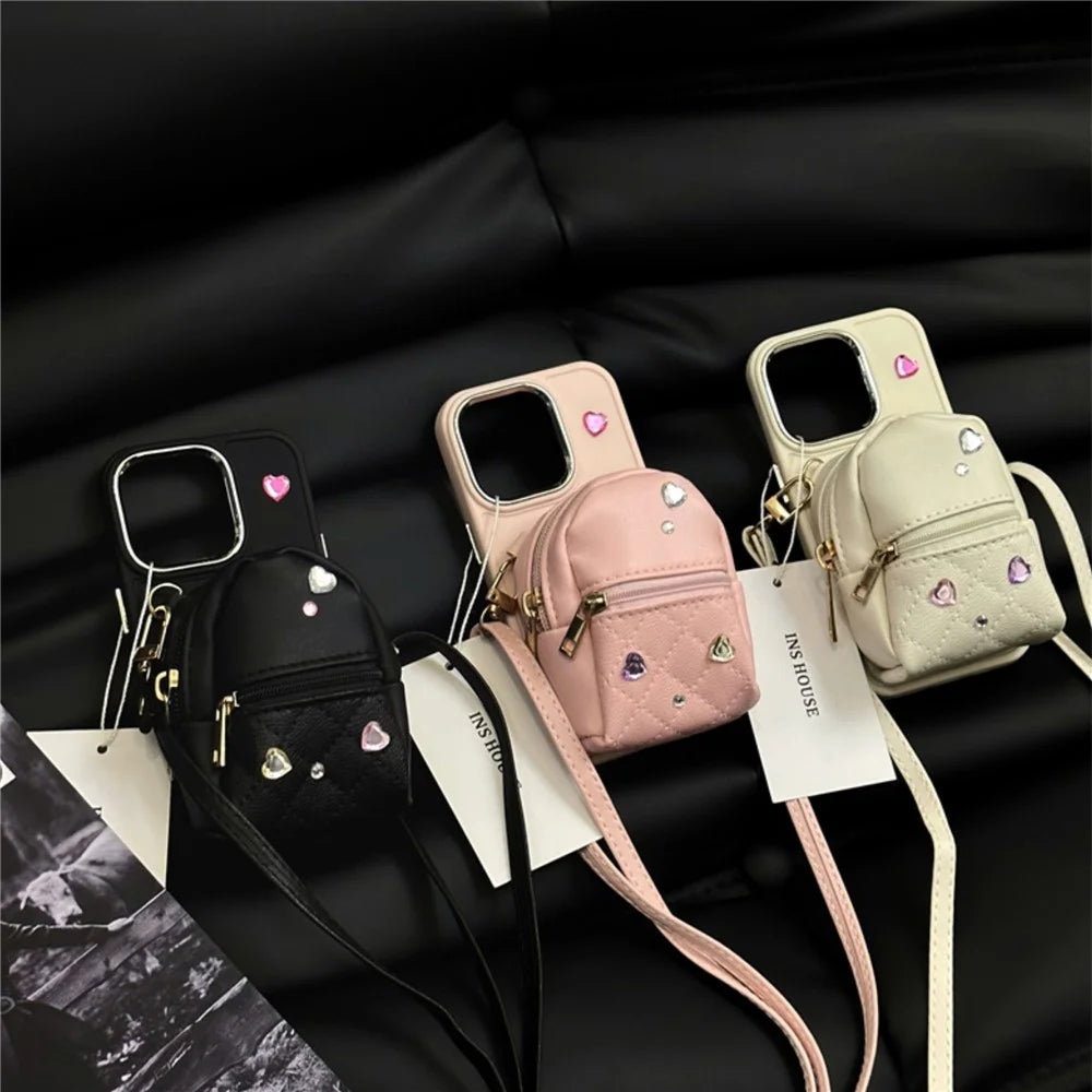 For iPhone 13 Pro Max 6.7 inch TPU Anti-drop Phone Case PU Leather Schoolbag Back Cover with Crossbody Strap - White - 6