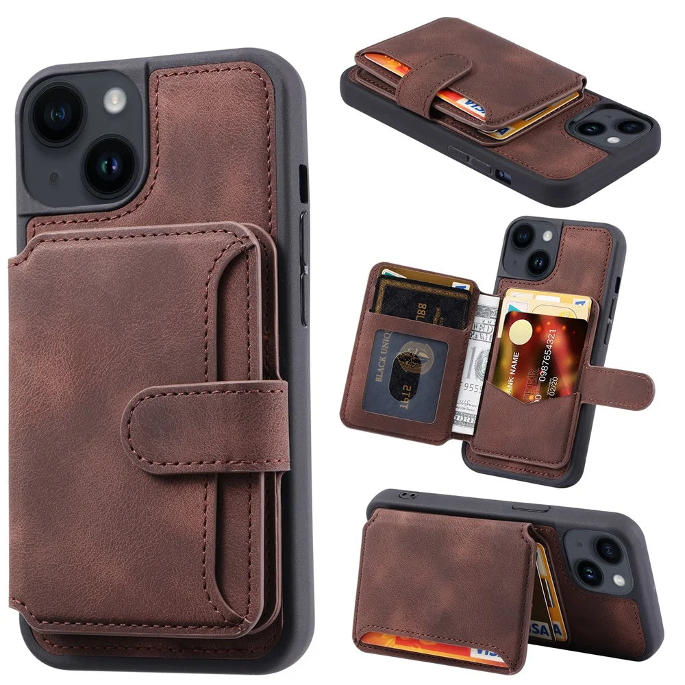For iPhone 15 Anti-drop Leather Coated TPU Phone Case RFID Blocking Wallet Cover with Kickstand - Coffee - 1