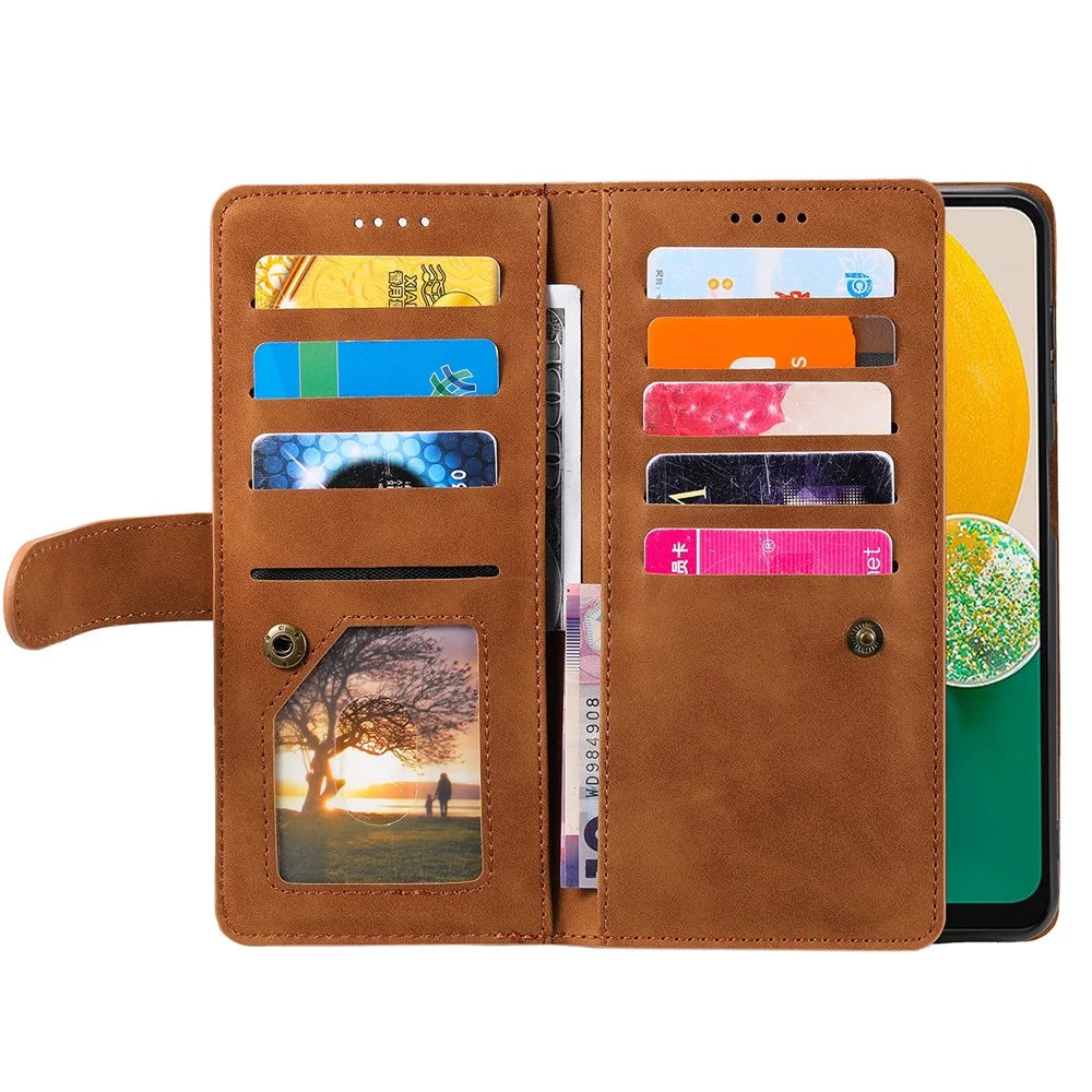 For Samsung Galaxy A25 5G (Global) (161.0 x 76.5 x 8.3mm) Phone Case 9 Card Slots Protective Cover Zipper Pocket PU Leather Phone Shell - Brown - 4