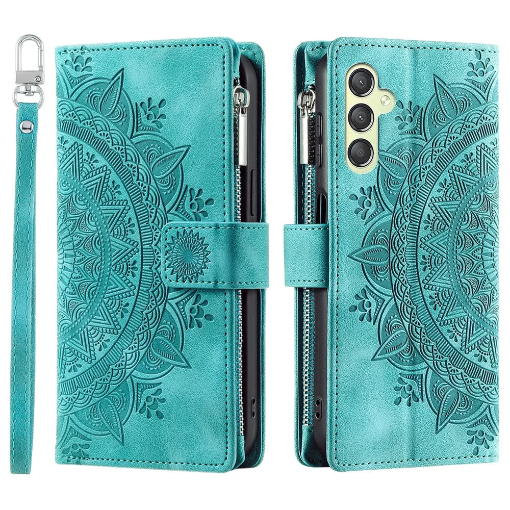 For Samsung Galaxy A25 5G (Global) (161.0 x 76.5 x 8.3mm) Wallet Zipper Leather Stand Flip Cover with Strap - Green - 1