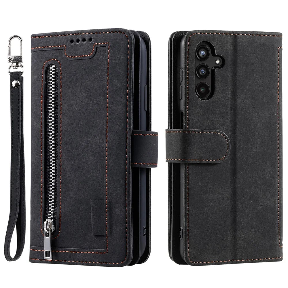 For Samsung Galaxy S23 FE Zipper Pocket PU Leather Phone Case 9 Card Slots Protective Cover - Black - 1