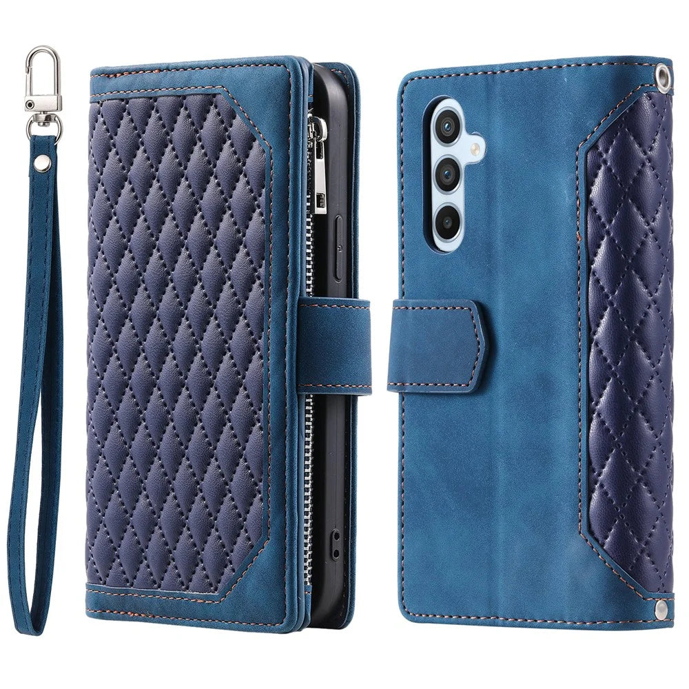 For Samsung Galaxy S23 FE PU Leather Phone Case Shell Rhombus Texture Zipper Pocket Wallet Stand Cover - Blue - 1