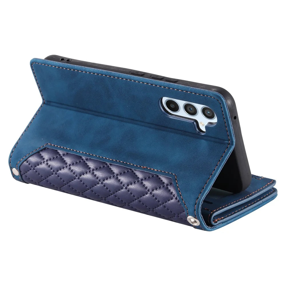 For Samsung Galaxy S23 FE PU Leather Phone Case Shell Rhombus Texture Zipper Pocket Wallet Stand Cover - Blue - 4