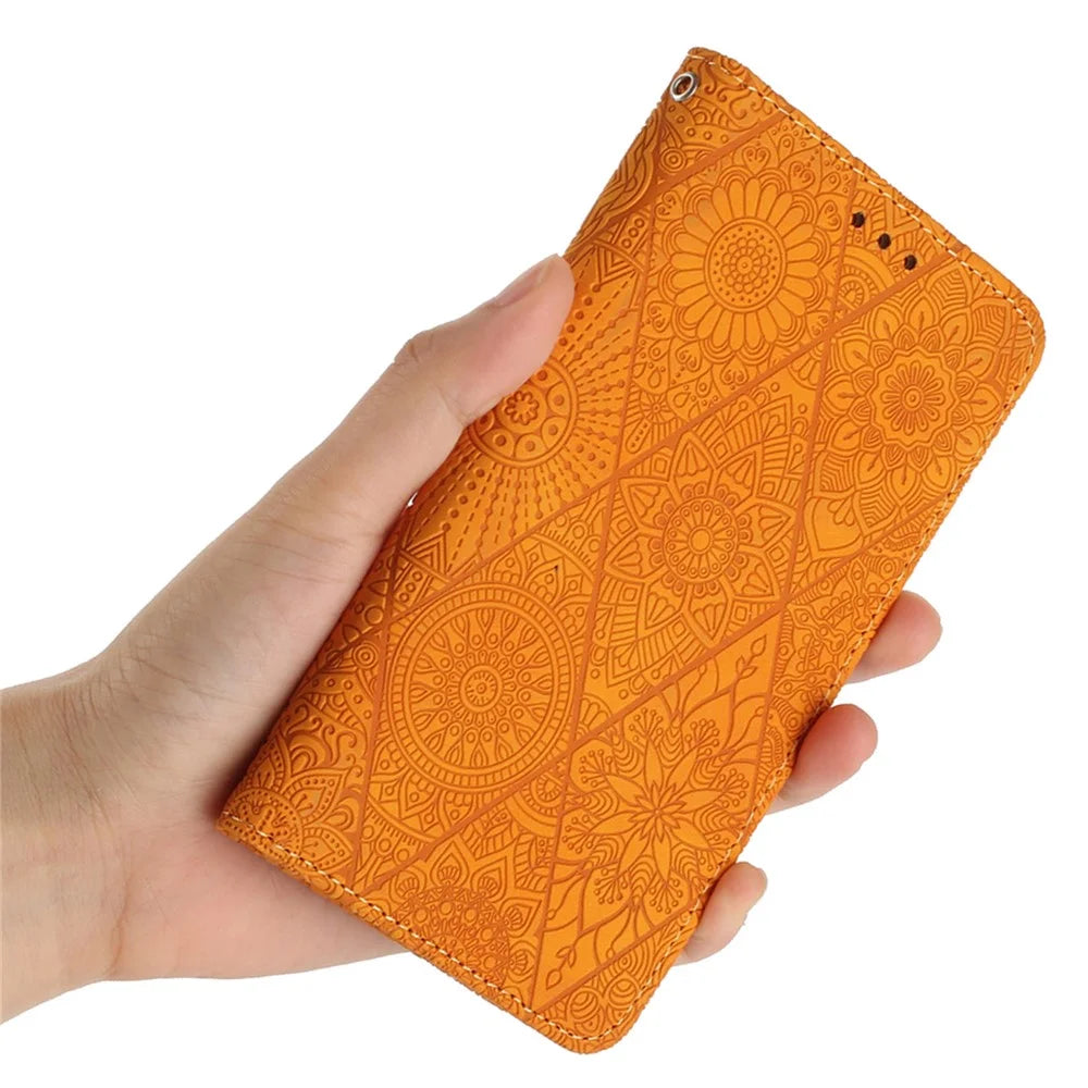 For Samsung Galaxy S23 FE PU Leather Wallet Case Retro Flower Imprnted Stand Phone Cover - Yellow - 6