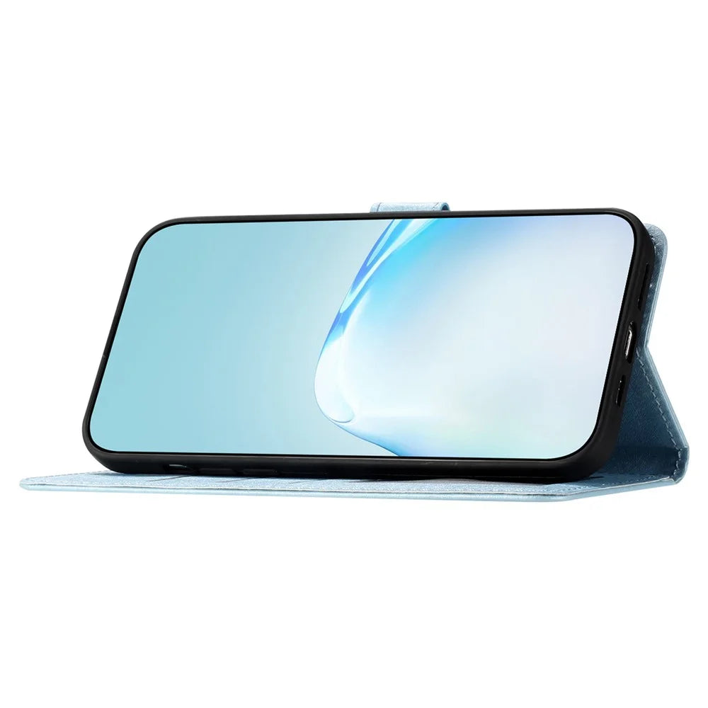 For Samsung Galaxy S22 Ultra 5G PU Leather Phone Case Stand Cover Silk Texture Full Protection Shell with Strap - Sky Blue - 3