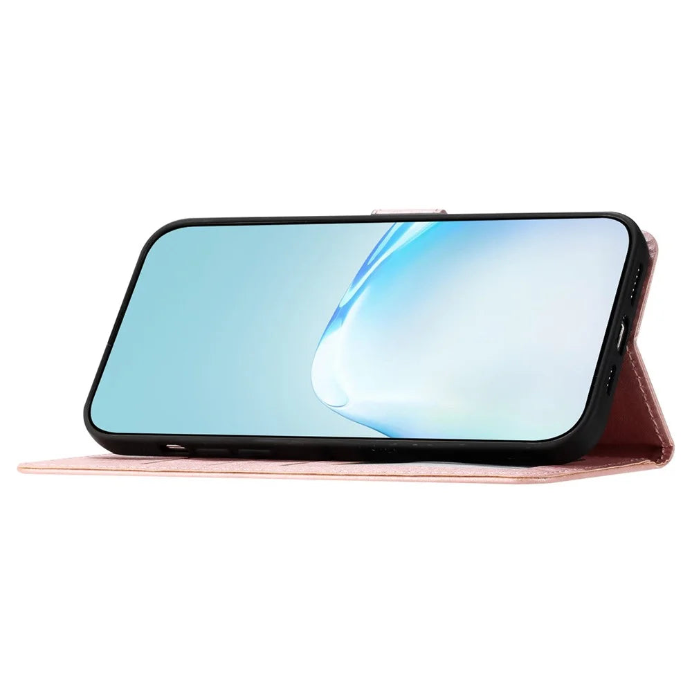 Phone Stand Cover for iPhone 12 Pro Max 6.7 inch PU Leather Silk Texture Wallet Book Style Case with Wrist Strap - Rose Gold - 3