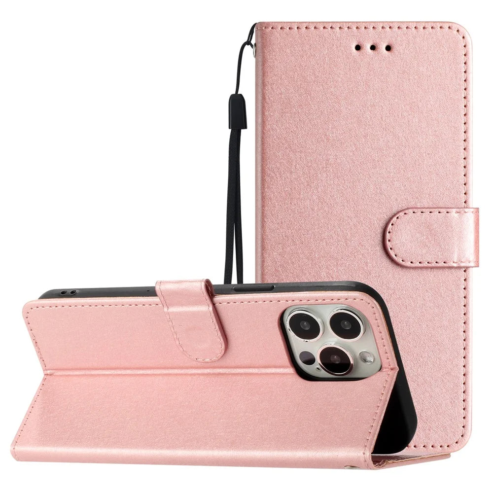 Phone Stand Cover for iPhone 12 Pro Max 6.7 inch PU Leather Silk Texture Wallet Book Style Case with Wrist Strap - Rose Gold - 7