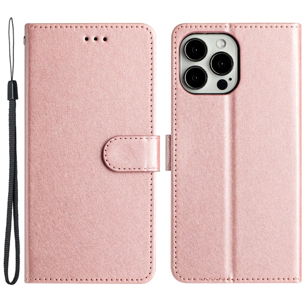 Silk Texture Flip Case for iPhone 12 Pro 6.1 inch , PU Leather Phone Cover Wallet Stand with Wrist Strap - Rose Gold - 1