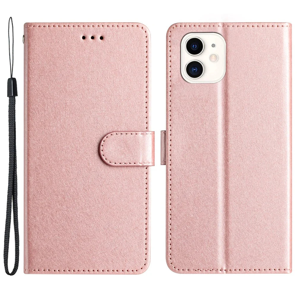 Wallet Stand Case for iPhone 12 mini 5.4 inch Silk Texture PU Leather Phone Cover with Wrist Strap - Rose Gold - 1