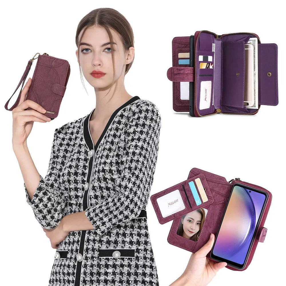 MEGSHI 004 Series For Samsung Galaxy A14 4G / 5G Zipper Wallet Case Detachable PU Leather Stand Phone Cover - Wine Red - 4