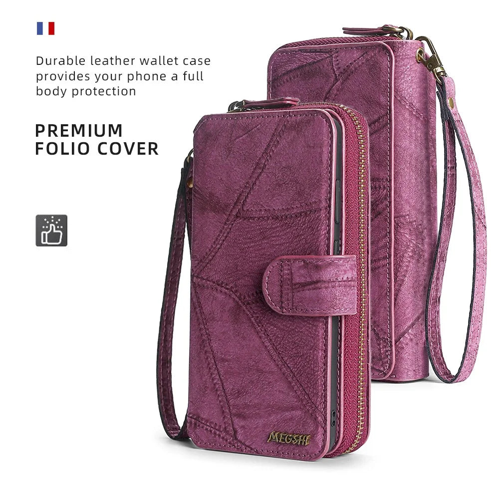 MEGSHI 004 Series For Samsung Galaxy A14 4G / 5G Zipper Wallet Case Detachable PU Leather Stand Phone Cover - Wine Red - 5