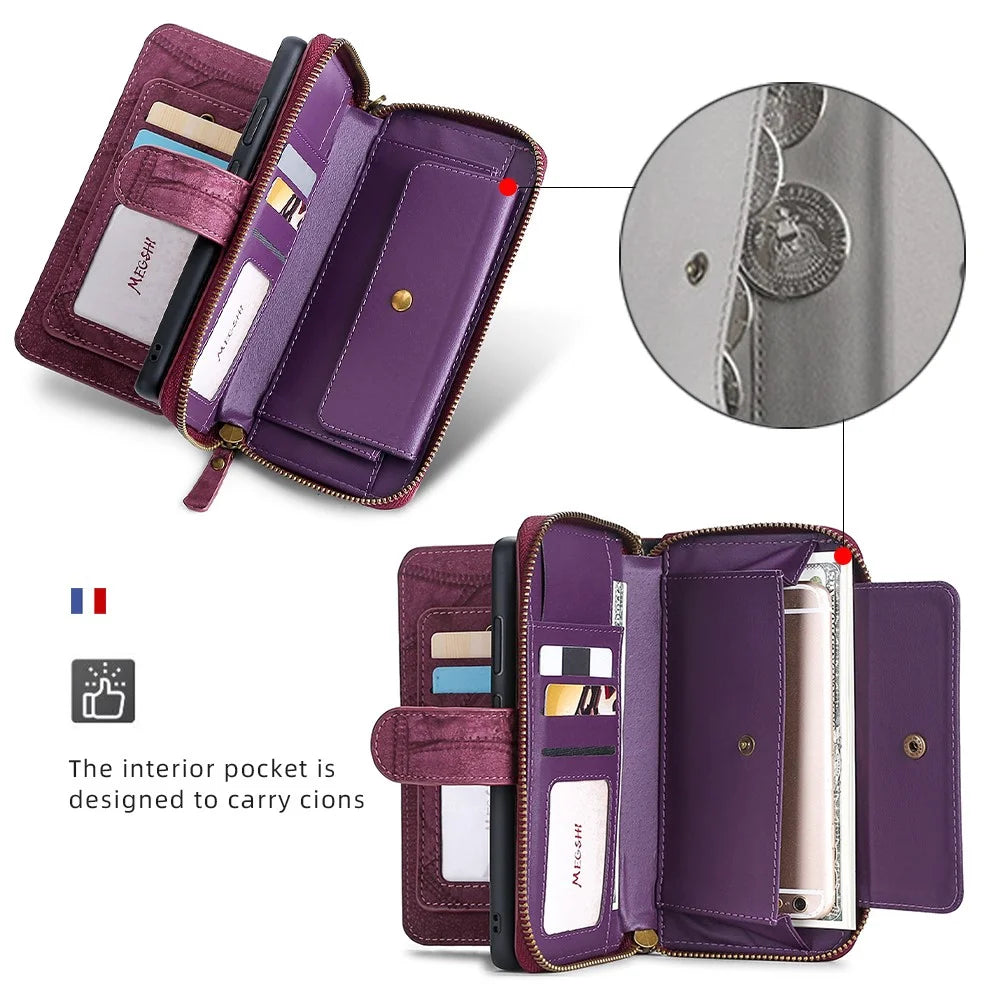 MEGSHI 004 Series For Samsung Galaxy A14 4G / 5G Zipper Wallet Case Detachable PU Leather Stand Phone Cover - Wine Red - 7