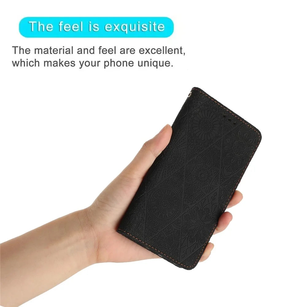 Wallet Case for iPhone 15 Fully Wrapped PU Leather Retro Flower Imprinted Phone Stand Cover - Black - 7