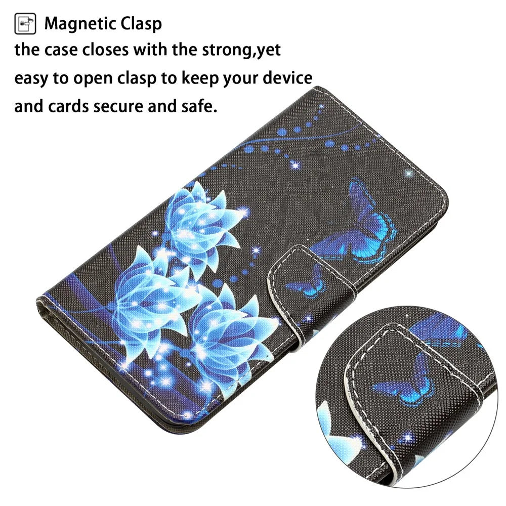 For iPhone 15 Pattern Printing Flip Wallet Case PU Leather Stand Phone Cover with Strap - Blue Butterfly - 4
