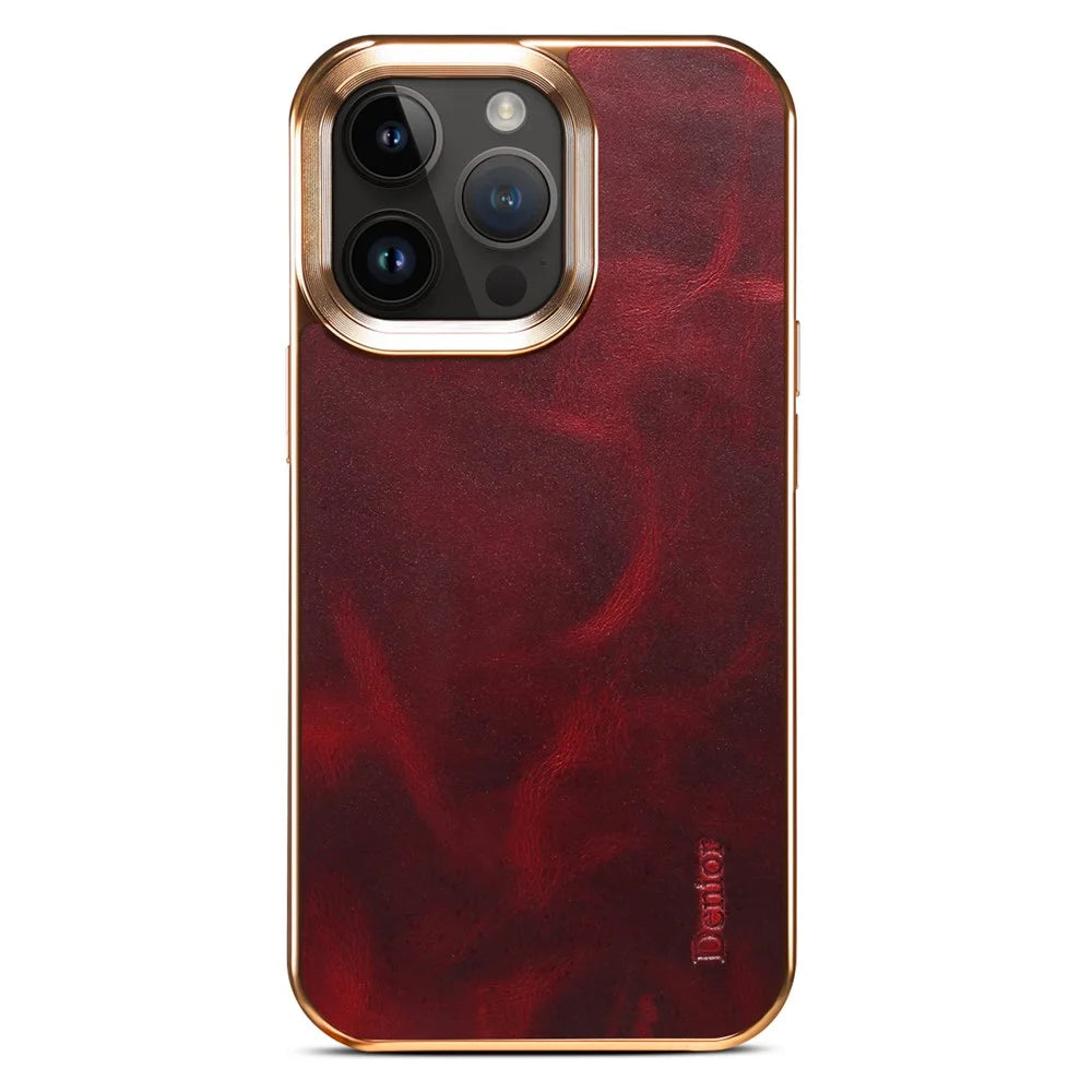 DENIOR For iPhone 13 Pro Waxy Texture Protective Case Genuine Cow Leather+PU Leather+PC Electroplating Phone Cover - Red - 1