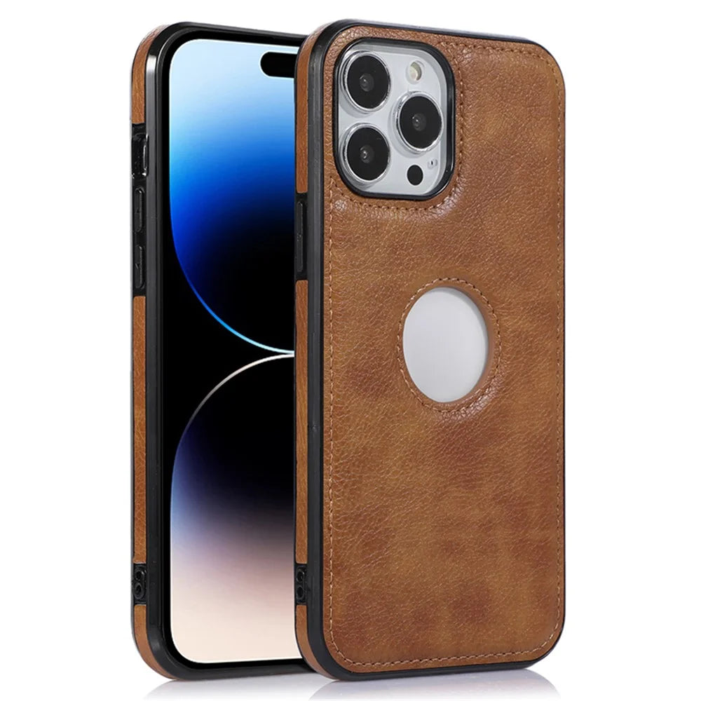Soft TPU+PU Phone Case for iPhone 14 Pro Max Shockproof Slim Case Logo View Phone Cover - Brown - 1