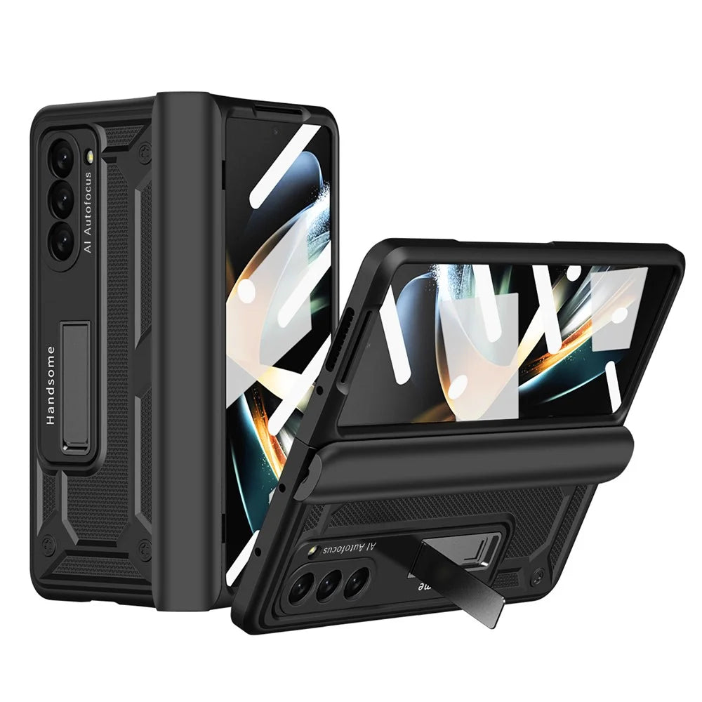 For Samsung Galaxy Z Fold5 5G Hard PC Hinge Protection Case Magnetic Kickstand Phone Cover with Tempered Glass Film - Black - 1