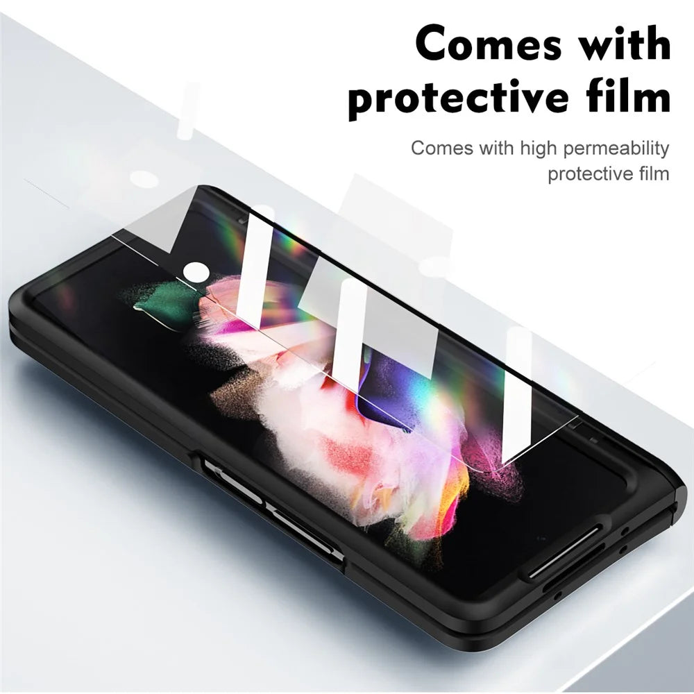For Samsung Galaxy Z Fold5 5G Hard PC Hinge Protection Case Magnetic Kickstand Phone Cover with Tempered Glass Film - Black - 6