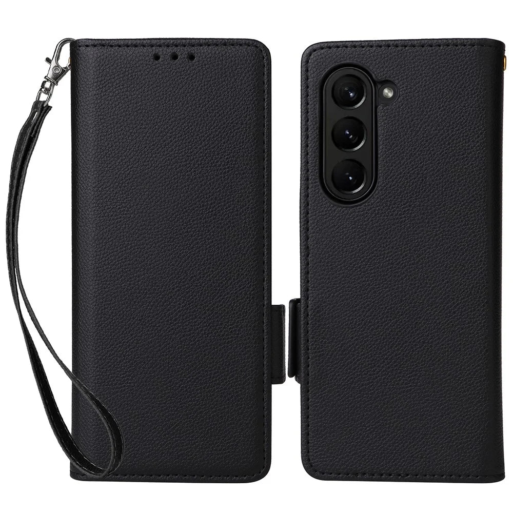 Wallet Phone Case for Samsung Galaxy Z Fold5 5G Litchi Texture TPU+Leather Flip Cover with Strap - Black - 1