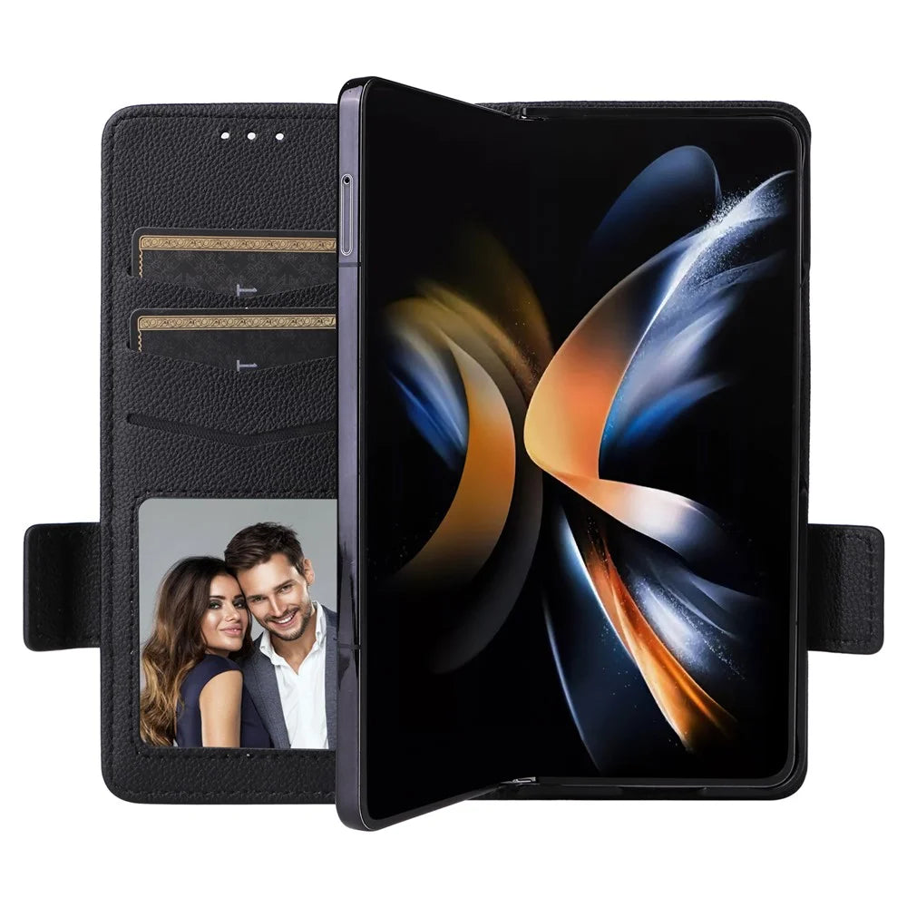 Wallet Phone Case for Samsung Galaxy Z Fold5 5G Litchi Texture TPU+Leather Flip Cover with Strap - Black - 3